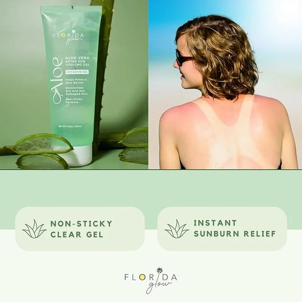 Aloe Vera After Sun Gel by Florida Glow - Organic Aloe Vera Gel for Sunburn Relief - 98% Pure Aloe Vera Moisturizer for Fa...