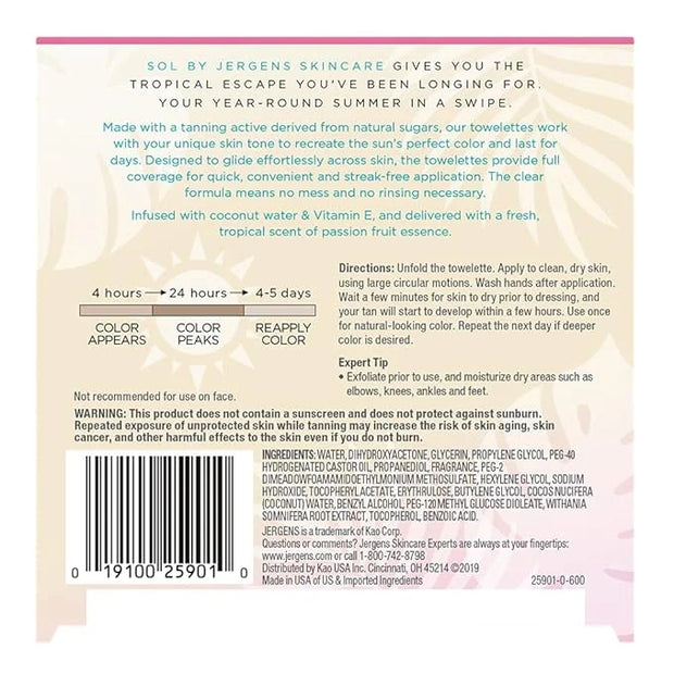 SOL by Jergens Full Body Self Tanner Towelettes, Streak-free Natural-Looking Sunless Tanning Wipes, 6 Count, Infused with ...