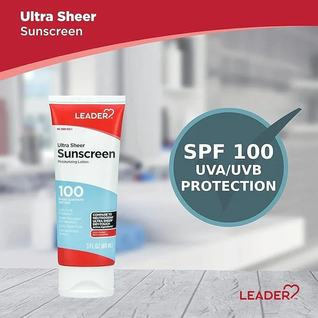 Leader Travel Sunscreen SPF 100+, Ultra Sheer Dry-Touch Water Resistant and Non-Greasy Lotion with Broad Spectrum SPF 100+...