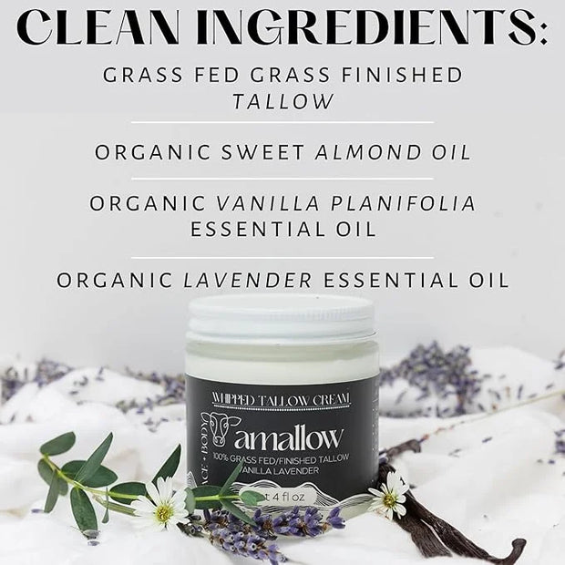 100% Grass Fed Beef Tallow for Skin Care - Face + Body - Whipped Moisturizer - Natural Lotion, 4 FL. oz. (Vanilla Lavender...