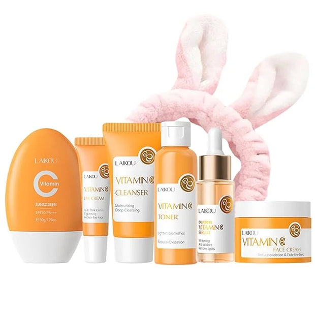 Vitamin C Skincare Set For Teen Girls Skin Care Set With Vitamin C Serum,Toner,Cleanser,Eye Cream,Face Cream,Sunscreen, Tr...
