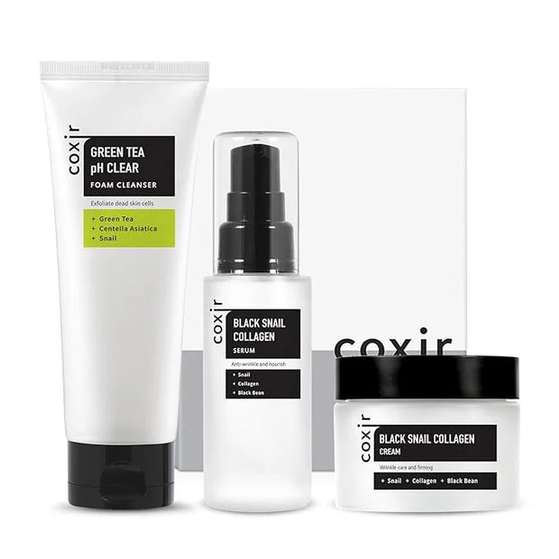 coxir BLACK SNAIL GIFT SET | Birthday Gifts | Foam Cleanser+Serum+Cream | Black Rice, Snail Mucin, Collagen, Peptide | Fir...