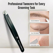Professional Slant Tweezers for Women Facial Hair - German Stainless Steel, Ultra Precision, Lightweight Black Tweezers fo...
