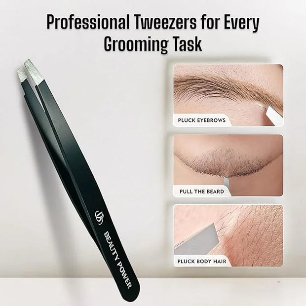 Professional Slant Tweezers for Women Facial Hair - German Stainless Steel, Ultra Precision, Lightweight Black Tweezers fo...