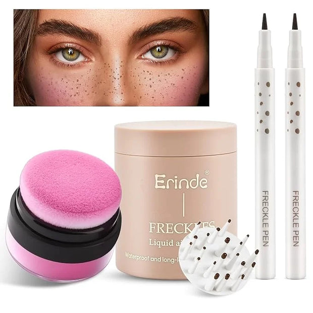 Erinde Natural Freckle Blush Makeup Kit - Liquid Freckle Pen & Fake Freckles Stamp Air Cushion & Powder Cushion Blush, Lon...