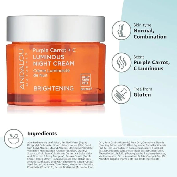 Andalou Natural Purple Carrot + C Luminous Night Cream, Purple Carrot Plus C Luminous, 1.7 Ounce - Product Image