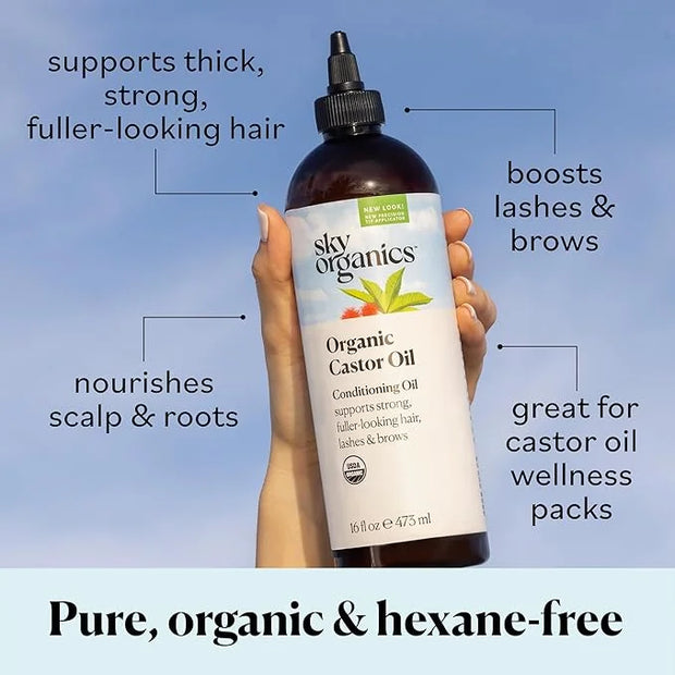 Sky Organics Organic Castor Oil for Hair, Lashes & Brows 100% Pure & Cold-Pressed USDA Certified Organic to Strengthen, Mo...