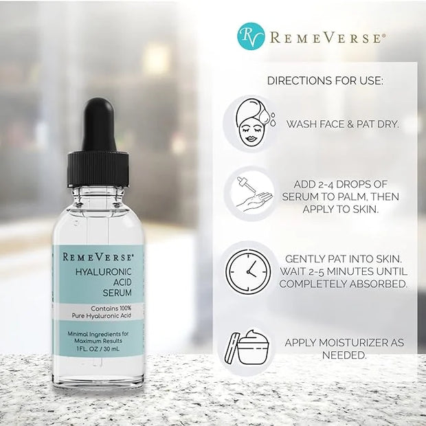 RemeVerse Hyaluronic Acid Serum - 100% Pure Formulation for Face, Lips & Décolleté - Intense Moisture for Dry Skin & Fine ...