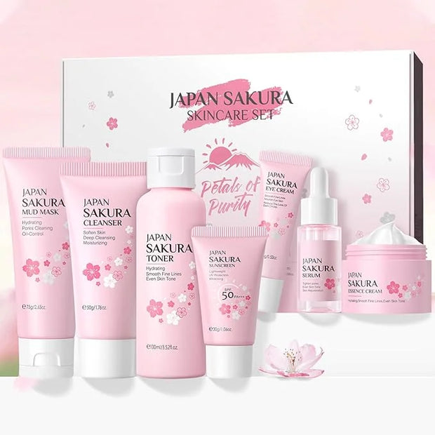 Skin Care Set JAPAN-SAKURA Women Beauty Gift Sets Skin Care Kit, Self-Care Skincare Set: Cleanser,Toner,Serum,Cream,Mud Ma...