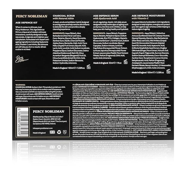 Age Defence Kit, a men's skincare set containing Charcoal Face Scrub (with Natural AHAs), ultra-hydrating Facial Serum (wi...