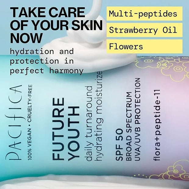 Pacifica Peptide Face Moisturizer Future Youth Daily Turnaround Hydrating, SPF 50 Broad Spectrum, UVA/UVB Sun Protection, ...