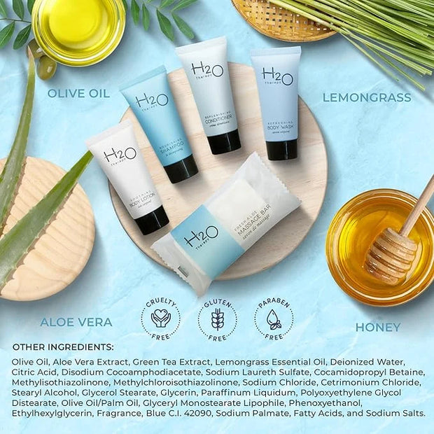 H2O Therapy Amenity Kit | Hotel Bulk Toiletries | 0.85 oz Shampoo, Conditioner, Lotion, Body Wash, Body Bar Soap for Guest...