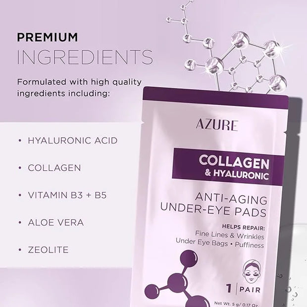 Azure Cosmetics Collagen & Hyaluronic Acid Anti Aging Under Eye Pads - Lifting & Moisturizing Eye Mask Patches - Reduces F...