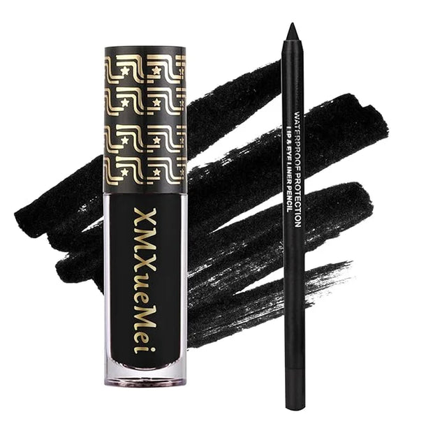 Black Velvet Matte Liquid Lipstick and Lip Liner Set - Smudge-proof, Long-lasting, Waterproof Black Lip Gloss Stain and Li...