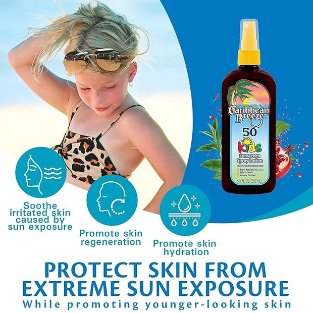 Caribbean Breeze Kids Sunscreen Spray SPF 50 Lotion, Mango Scent Lime Fragrance Tanning Sunscreen Spray On Sunscreen with ...