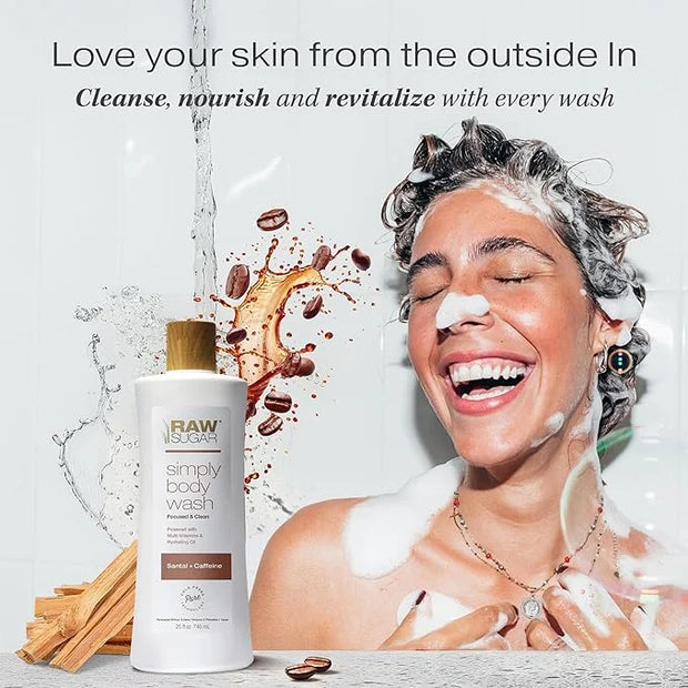 RAW SUGAR Simply Body Wash - Santal + Caffeine (25 Fl Oz, Pack of 1) Moisturizing & Soothing Bath & Shower Gel, Formulated...