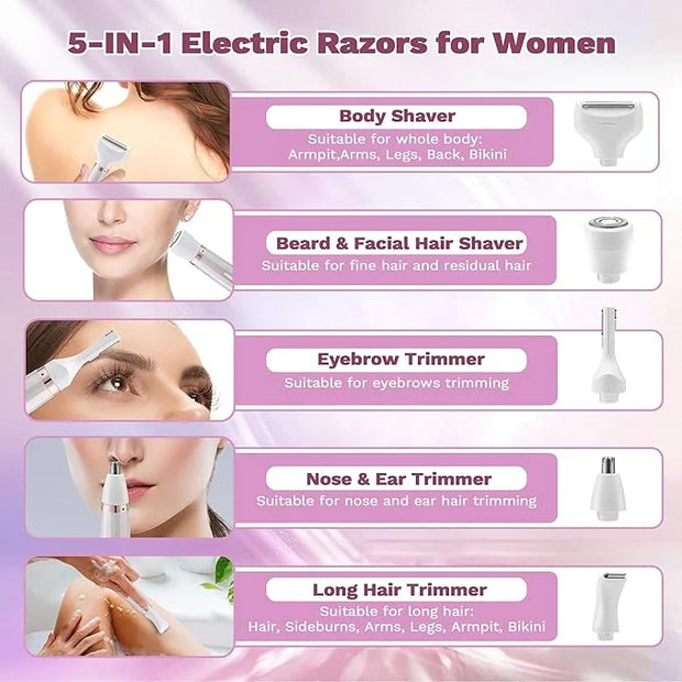 Electric Razors Shavers for Women, Bikini Trimmer 5 in 1 Electric Shaver Razor for Women, Wet/Dry Face Razors for Face Nos...