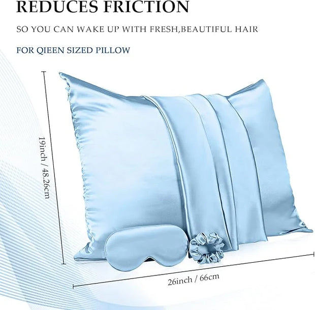 2 Pack Satin Pillowcase with Latent Zipper, Adjustable Satin Eye Mask for Sleeping and Satin Volume Scrunchie for Hair and...