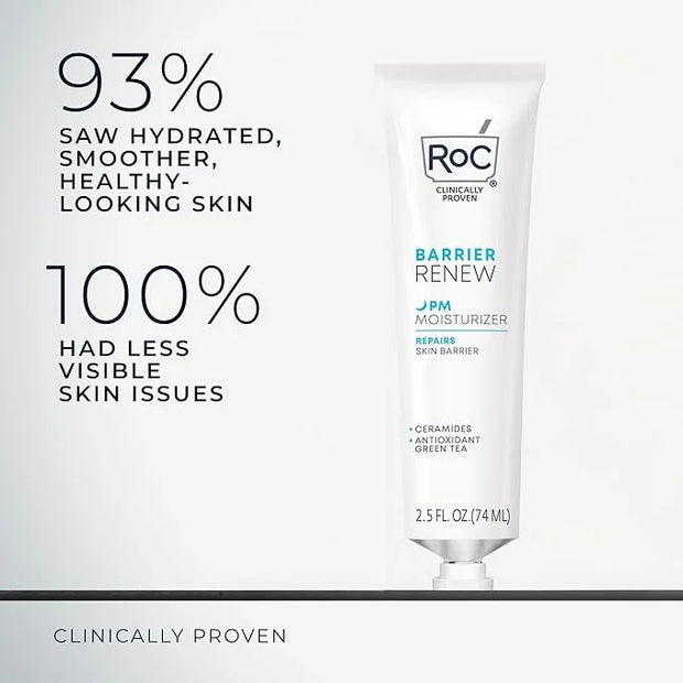 RoC Barrier Renew Night Moisturizer with Ceramides & Antioxidant Green Tea and Lipo Peptides to Renew Skin Barrier, (2.5 o...