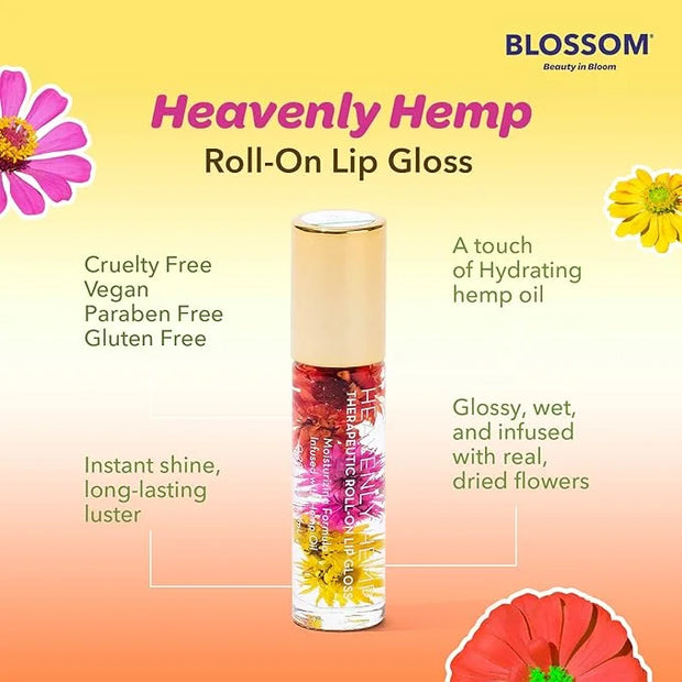 Blossom Roll on Lip Gloss, Scented Clear High Shine Moisturizing Lip Oil, Non Sticky, Infused with Real Flowers, Made in U...