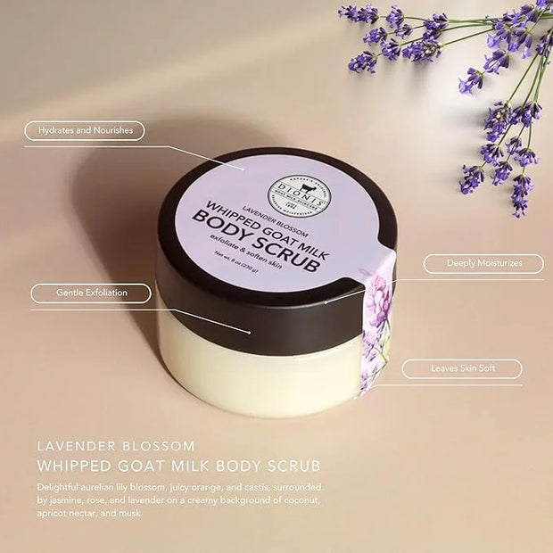 Dionis Goat Milk Lavender Blossom 6 Pc Self-Care Travel Set + 8oz Whipped Body Scrub – Hydrating Exfoliation & Moisture Ki...