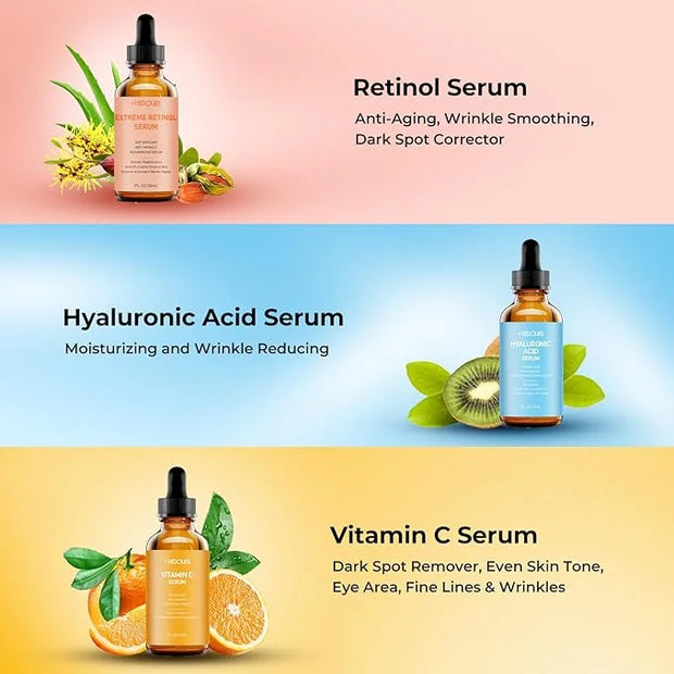Face Serum Set – Retinol Serum, Vitamin C Face Serum & Hyaluronic Acid Serum for Face – Anti Aging Serum Skin Care Set for...