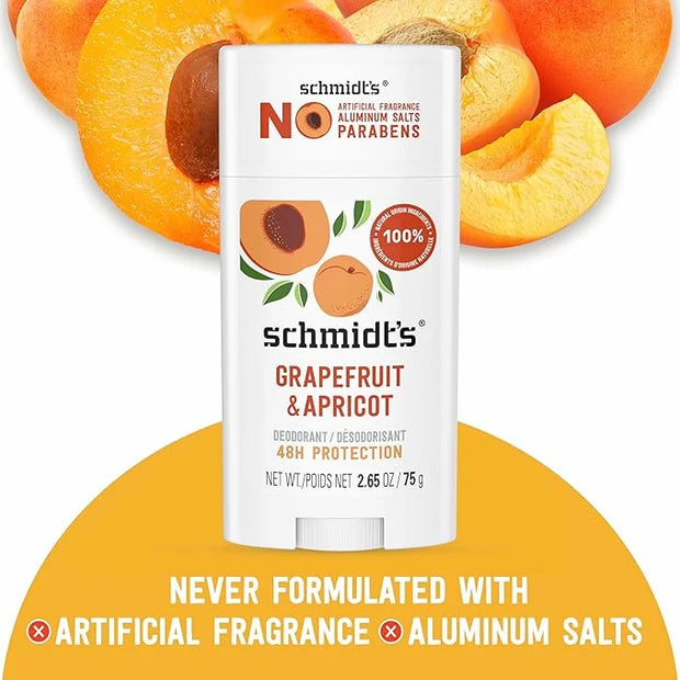 Schmidt's Aluminum-Free Vegan Deodorant Grapefruit & Apricot with 24-Hour Odor Protection, 2 Count for Women and Men, Natu...