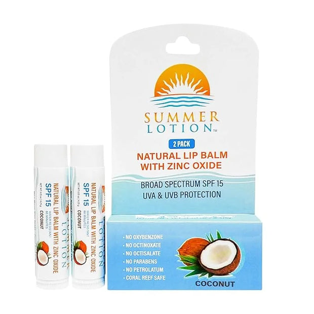 Natural Lip Balm with Zinc Oxide Sunblock by Summer Lotion, SPF 15 Lip Sunscreen 2-Pack, Water Resistant Chapstick, SPF Li...