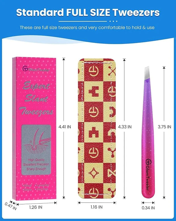 Expert Slant Tip Tweezers with Leather Travel Case, GlamTweeler Sharp & Precision Stainless Steel Tweezer for Eyebrows, Fa...