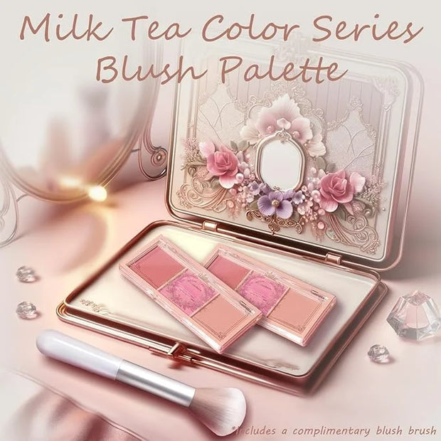 3 Color Matte Pink Blush Palette with Brush, Long Lasting Cheek Makeup, Smooth and Light Blush Powder for Face Beauty - Pr...