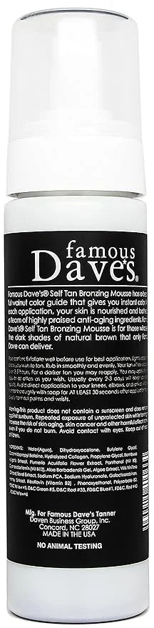 Dark Tanning Mousse w/Instant Bronzer by Famous Dave’s | Sunless Self Tanner | Organic & Natural Ingredients for Medium/Da...