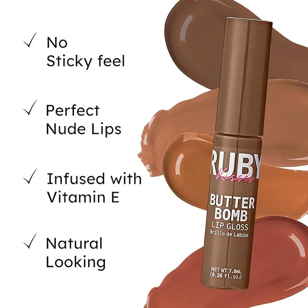 Ruby Kisses Lip Gloss Butter Bomb Gloss Non-Sticky Lip Gloss Vitamin E Natural Nude Lip Makeup - 7.8mL (0.26 US fl.oz) (Ci...