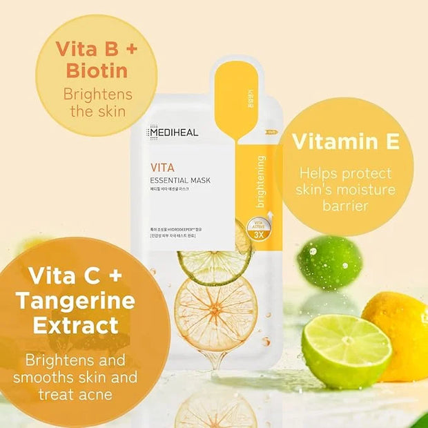 Mediheal Best Korean Sheet Mask - Vita Essential Face Mask 10 Sheets Vitamin Mask For All skin types Smoothing Tightening ...