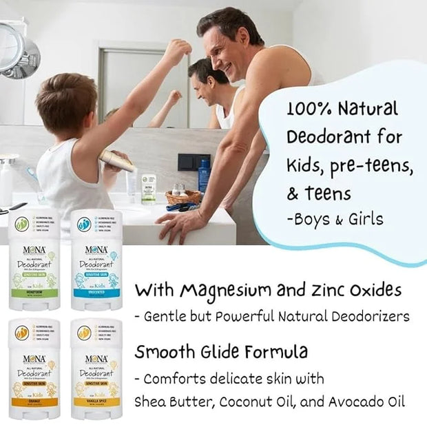 MONA Brands UNSCENTED All Natural Deodorant for Kids | Safe for Kids, Preteens, Teens, Boys and Girls | Baking Soda Free, ...