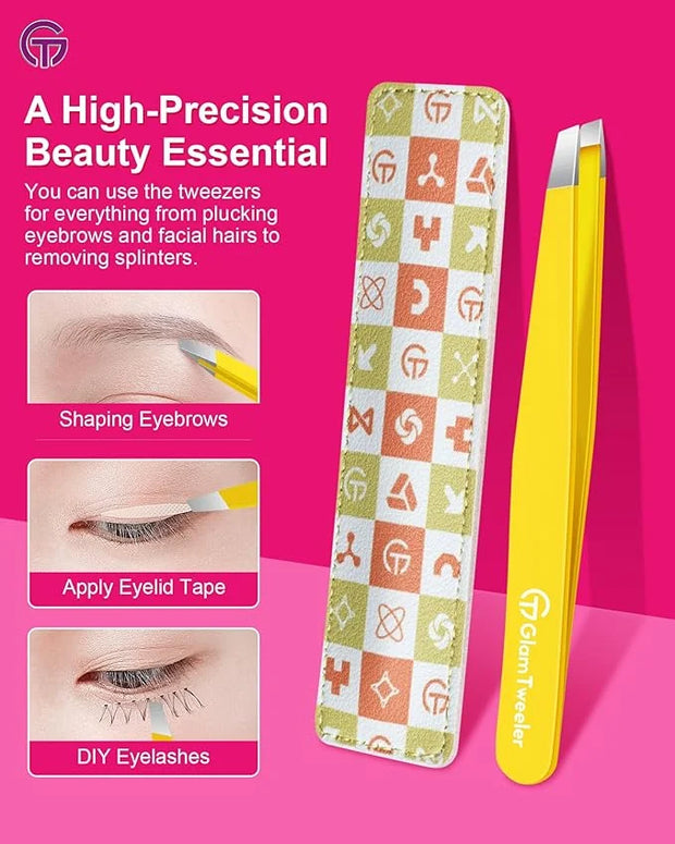 Expert Eyebrow Hair Removal Tweezer with Leather Case, GlamTweeler High Precision Slant Tip Stainless Steel Tweezers for M...