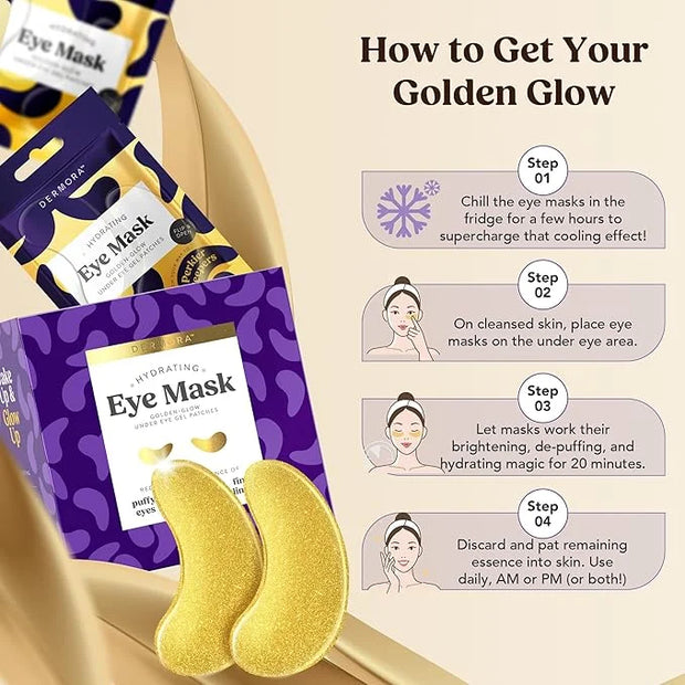 DERMORA Golden Glow Under Eye Patches (100 Pairs Eye Gels) - Rejuvenating Treatment for Dark Circles, Puffy Eyes, Refreshi...