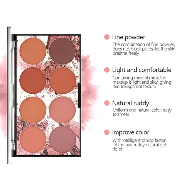 8 Colors Blush Palette, Matte Mineral Blush Powder Bright Shimmer Face Blush,Contour and Highlight Blush Palette,Professio...