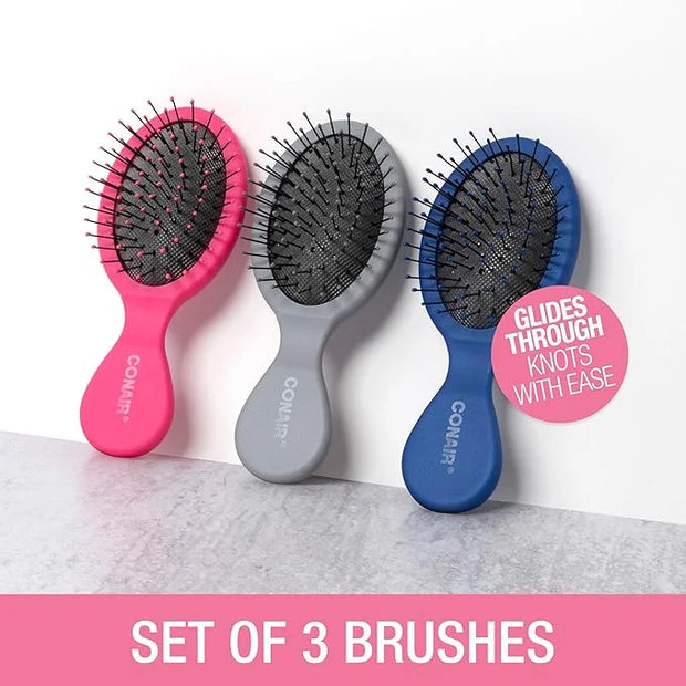 Conair Detangling 3PK mini hair brush - use wet or dry - ideal for curly or straight styles - detangler hairbrush - hairbr...