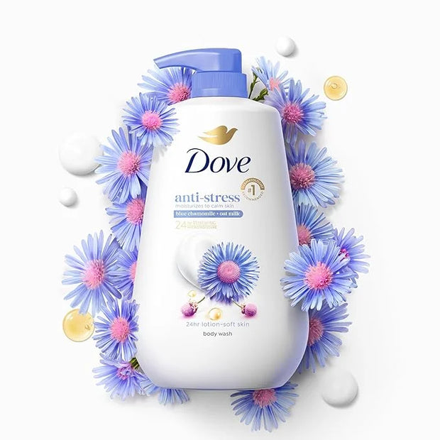 Dove Body Wash with Pump 3 Count Anti-Stress Blue Chamomile & Oat Milk, for 24hr Lotion-Soft Skin Moisturizing Skin Cleans...