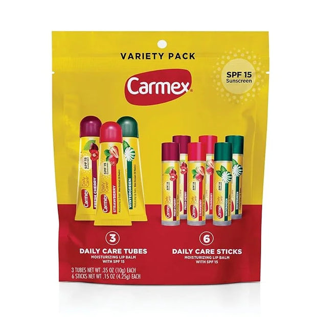 Carmex Daily Care Moisturizing Lip Balm Pack, SPF 15, Multi-Flavor Lip Care Variety Pack Bag, 9 Count (3 Tubes, 6 Sticks) ...