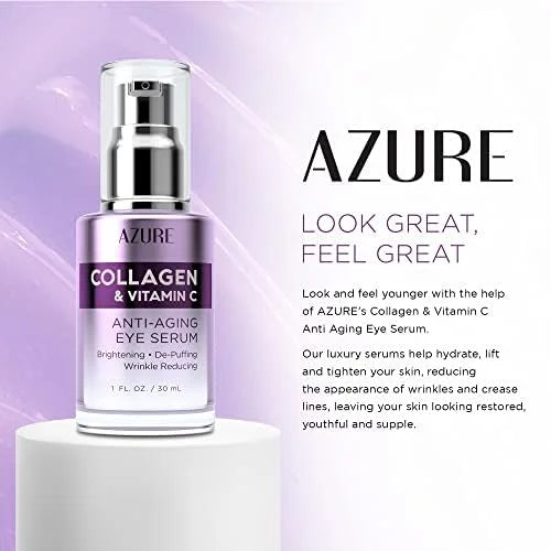 AZURE Collagen & Vitamin C Anti Aging Eye Serum - Toning, De-Puffing Serum - Reduces Wrinkles, Fine Lines & Dark Circles -...