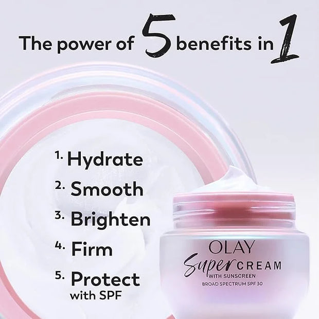 Olay Super Cream with Sunscreen SPF 30, 1.7 oz, Ultra Lightweight Face Moisturizer - Vitamin C & E, Hyaluronic Acid, Niaci...