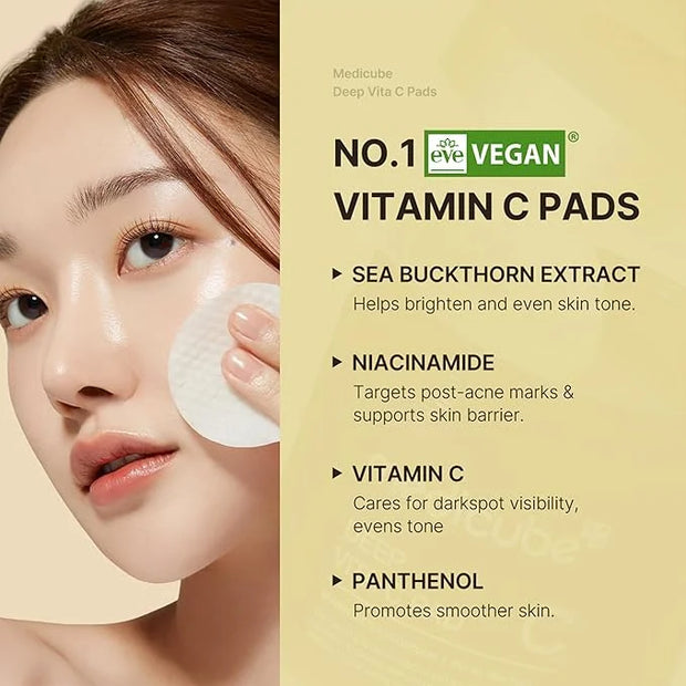 medicube Deep Vita C Facial Pads, Vitamin C Toner Pads for Uneven Skin Tone, 500,000PPM of vitamin water & 3 types of vita...