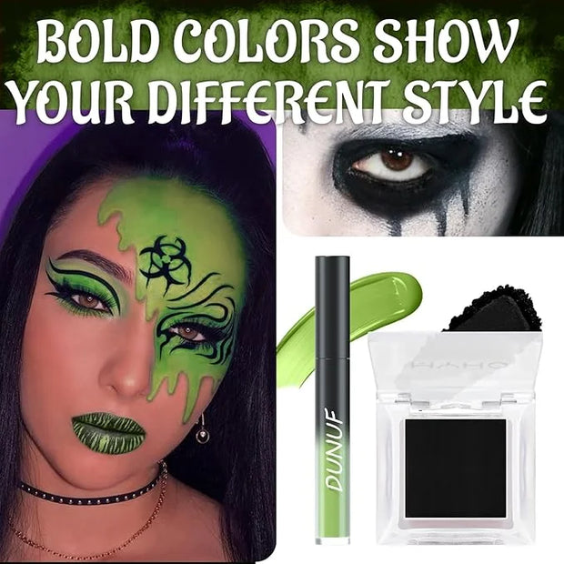 Green Matte Liquid Lipstick Set with Black Eyeshadow Powder, Halloween Goth Lip Gloss Waterproof Longlasting DIY Cute Uniq...