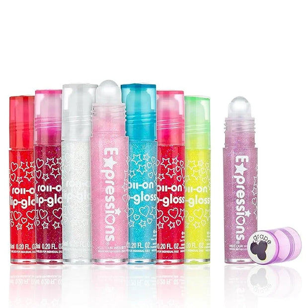 Expressions 8pc Roller-Ball Glitter Lip Gloss Set, 8 Assorted Fruit Flavored Roll On Rollerball Lip Gloss for Kids, Safe, ...