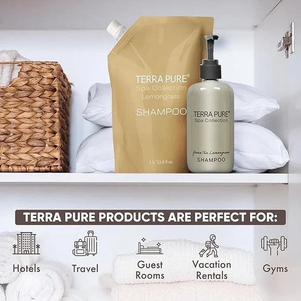 Terra Pure Spa Collection 1 Liter Shampoo Refill Bag For Soap Dispensers | Bulk Toiletries for Vacation Rentals, and Home ...