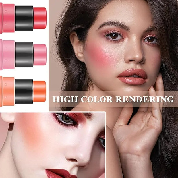3 Pcs Cream Blush Stick with Brush,Waterproof Multi Cream Makeup Stick,Lightweight,Long-lasting,2 in 1 Multi Blush for Che...