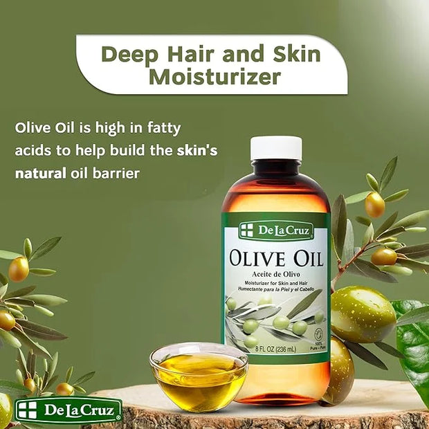 De La Cruz Pure Olive Oil - Natural Expeller Pressed Olive Oil for Hair and Skin - Lightweight Body Oil for Dry Skin 8 Fl ...