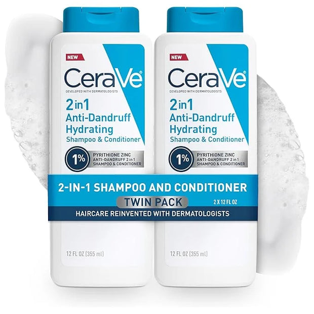 CeraVe 2 In 1 Hydrating Anti Dandruff Shampoo And Conditioner, 1% Pyrithione Zinc Dandruff Treatment, Color Safe & Sulfate...