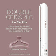 Conair Double Ceramic Flat Iron, 1-inch Hair Straightener with Bonus Claw Clip - Product Image
